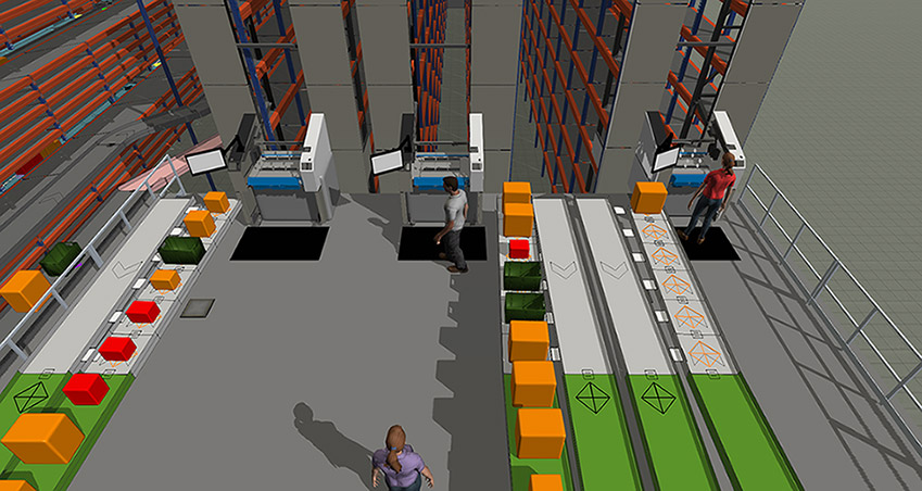 A photorealistic FlexSim warehouse simulation with conveyors, pickers, and racking