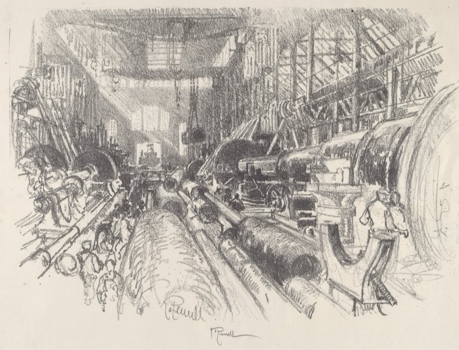 Joseph Pennell lithograph of a First World War gun shop: naval gun barrels turning in enormous lathes beneath a skylit roof, the workers dwarfed by the machinery